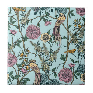 Blaue botanische Muster im Vintage-Stil  Fliese