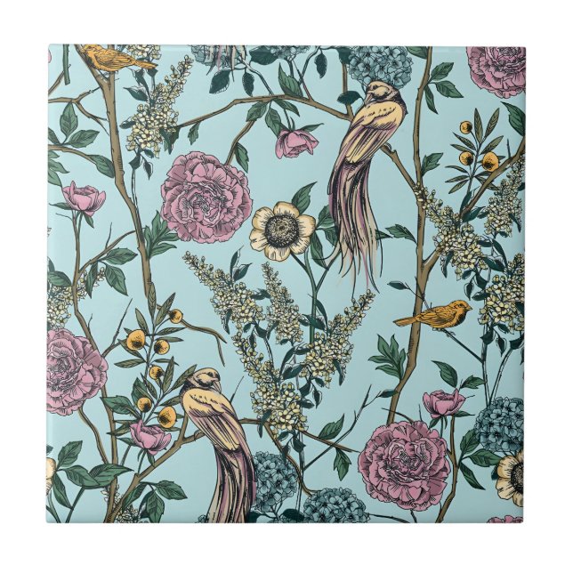 Blaue botanische Muster im Vintage-Stil  Fliese (Vorderseite)