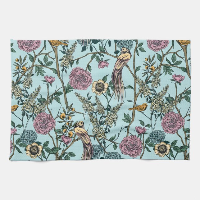 Blaue botanische Muster im Vintage-Stil Geschirrtuch (Horizontal)
