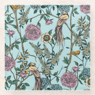 Blaue botanische Muster im Vintage-Stil Glasuntersetzer