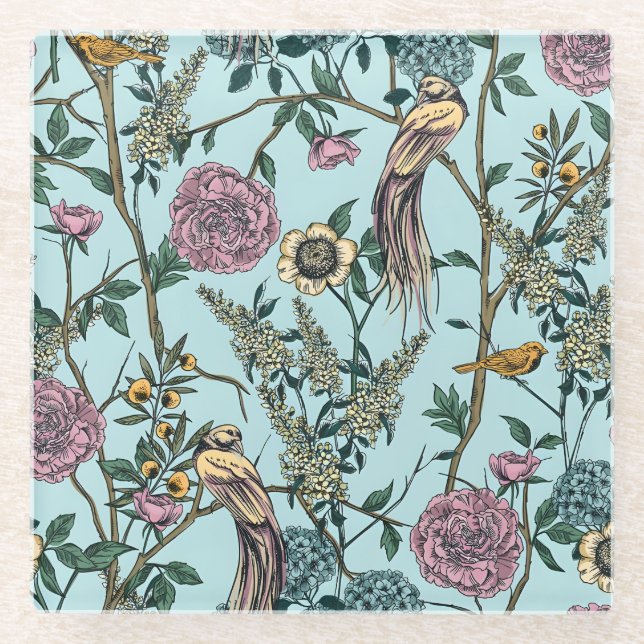 Blaue botanische Muster im Vintage-Stil Glasuntersetzer (Vorderseite)