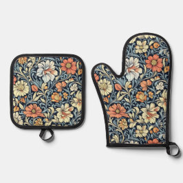 Blaue botanische Muster im Vintage-Stil Ofenhandsc Ofenhandschuh & Topflappen-Set