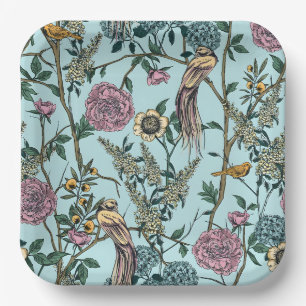 Blaue botanische Muster im Vintage-Stil Pappteller