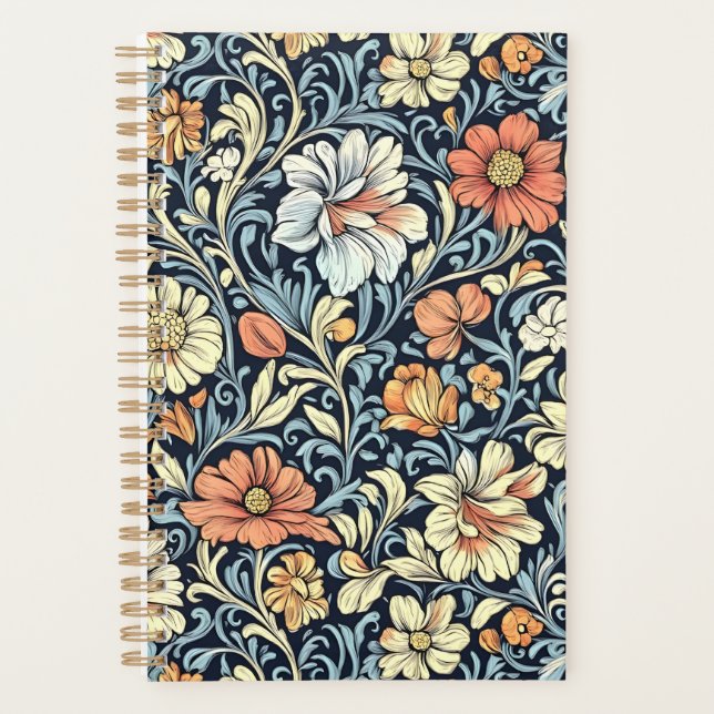 Blaue botanische Muster im Vintage-Stil Planne Planer (Vorderseite)