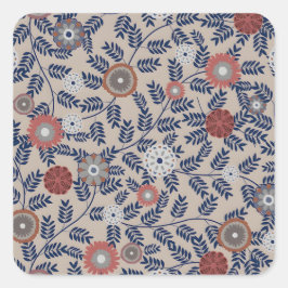 Blaue botanische Muster im Vintage-Stil quadratisc Quadratischer Aufkleber