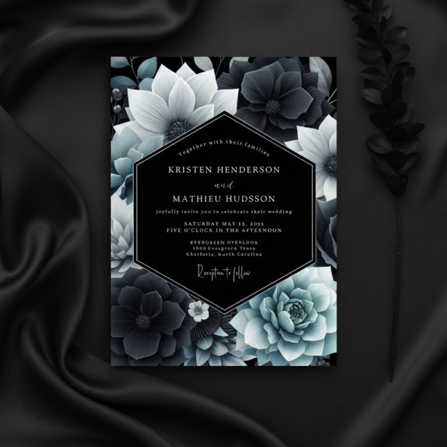 Blaue botanische opulente Hochzeit Einladung (Von Creator hochgeladen)