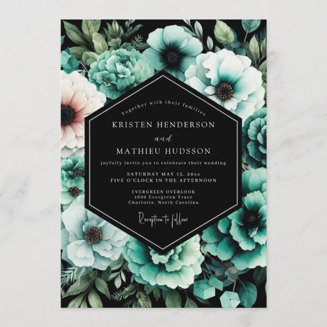 Blaue Botanische Traumhochzeit Einladung (Vorderseite)