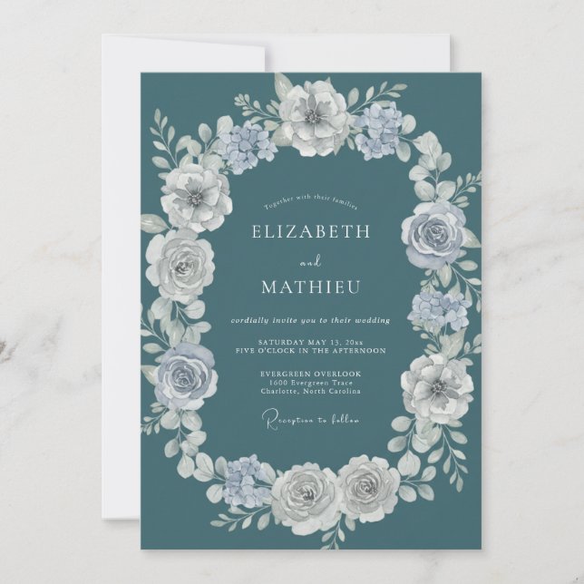 Blaue Botanische Winterhochzeit Einladung (Vorderseite)