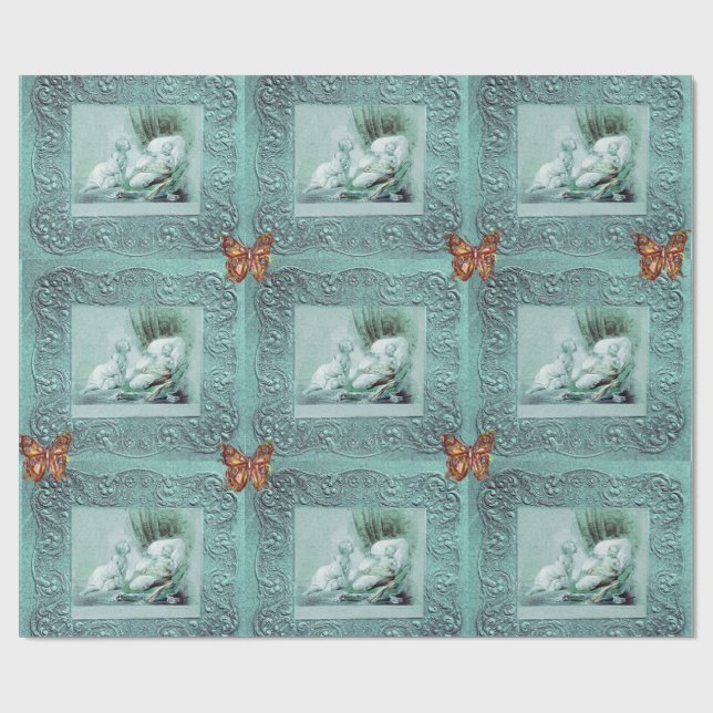 BLAUE BOY BABY SHOWER, SCHALTFLÄCHEN, BLUMENFLÜGE  GESCHENKPAPIER (Flach)