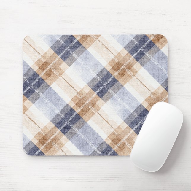 Blaue braune creme Kariert Streifen Mousepad (Mit Mouse)