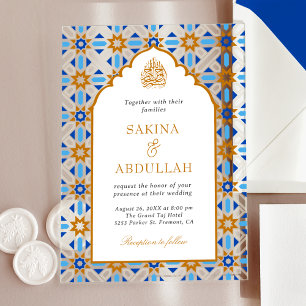 Blaue braune persische Mosaik-Muslim-Hochzeit Acryleinladungen