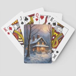 Blaue braune rustikale Winterhütte Schnee Malerei  Spielkarten