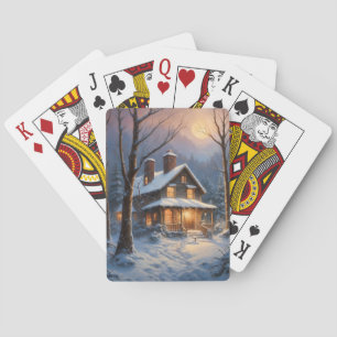 Blaue braune rustikale Winterhütte Schnee Malerei Spielkarten