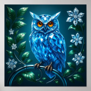 Blaue Brillante Eule auf Messingast Poster