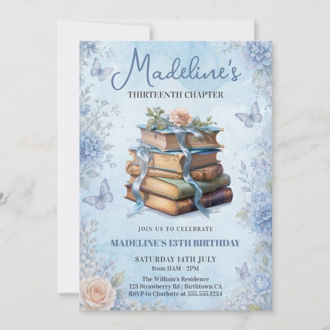 Blaue Buch Mädchen Geburtstagseinladung Einladung (Vorderseite)