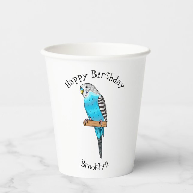 Blaue Budgerigar-Cartoon Pappbecher (Vorderseite)