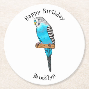 Blaue Budgerigar-Cartoon Runder Pappuntersetzer