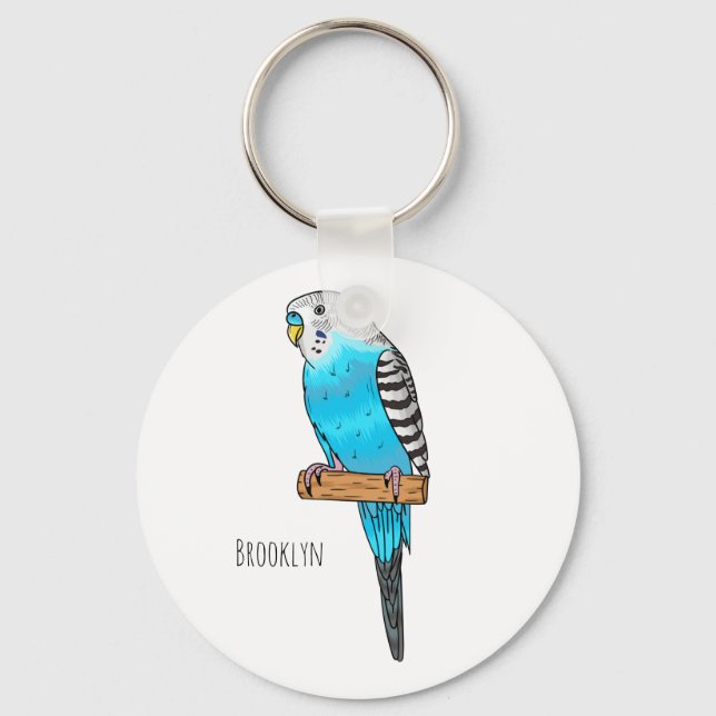 Blaue Budgerigar-Cartoon Schlüsselanhänger (Vorderseite)