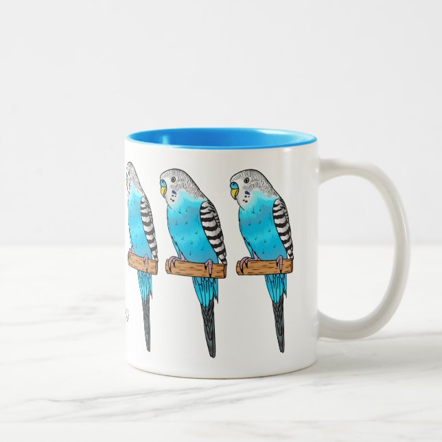 Blaue Budgerigar-Cartoon Zweifarbige Tasse (Rechts)
