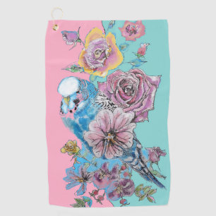 Blaue Budgie Blumengärten Pink Golfhandtuch