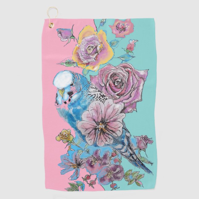 Blaue Budgie Blumengärten Pink Golfhandtuch (Vorderseite)