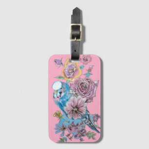 Blaue Budgie-Rosa-Blumen-Aquarell-Gepäckanhänger Gepäckanhänger