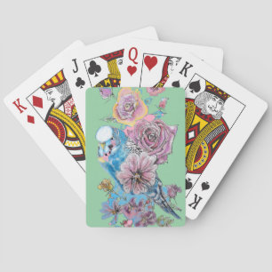 Blaue Budgie Rote Rose Blumen Spielende GreenCards Spielkarten