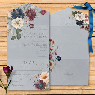 Blaue Burgund & Creme rustikale Blumenblaue Dinner All In One Einladung