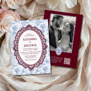 Blaue Burgunder Antik-Spitze Foto QR-Code Hochzeit Einladung