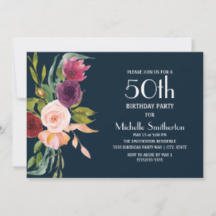 Blaue Burgunder-Rosa Floral 50. Geburtstag Einladung