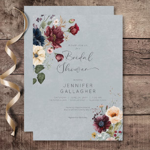 Blaue Burgunder- und cremefarbene rustikale Floral Einladung