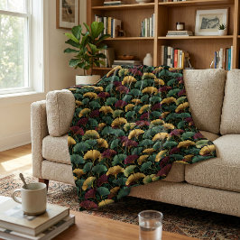 Blaue Burgunderrote Vintage Ginkgoblatt-Muster Fleecedecke