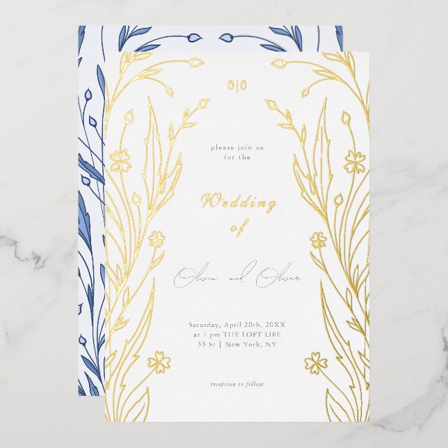 Blaue Butterblumen-Hochzeit Folieneinladung (Vorderseite/Rückseite)