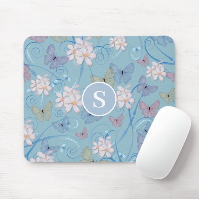 Blaue Butterfly Floral Monogram Mousepad (Mit Mouse)