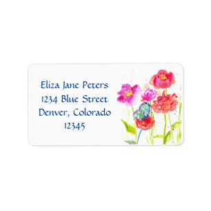 Blaue Butterfly Roter Mohn Aquarellfarben Blume Adressaufkleber