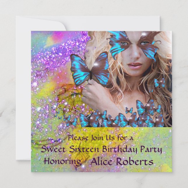 BLAUE BUTTERFLY SWEET 16 PARTY MONOGRAM, Champagne Einladung (Vorderseite)