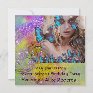 BLAUE BUTTERFLY SWEET 16 PARTY MONOGRAM, Champagne Einladung