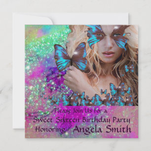 BLAUE BUTTERFLY SWEET 16 PARTY MONOGRAM, Champagne Einladung