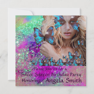 BLAUE BUTTERFLY SWEET 16 PARTY MONOGRAM, Champagne Einladung