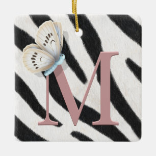 Blaue Butterfly und Zebra-Fur-Rose Monogram Custom Keramikornament