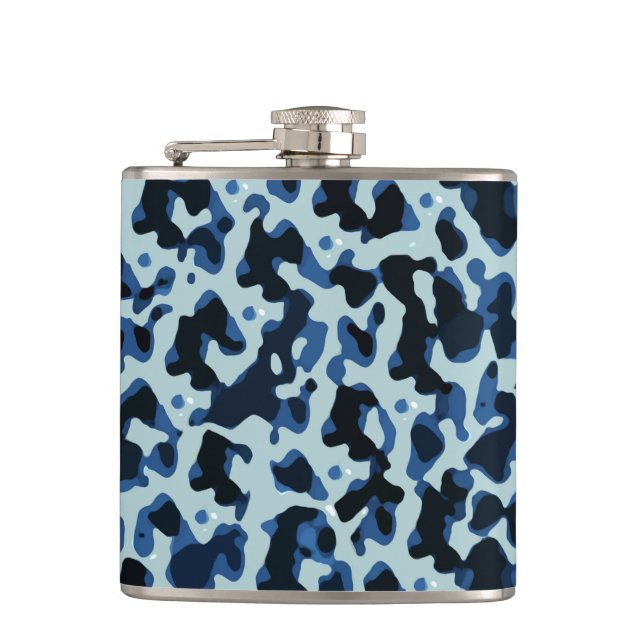 Blaue Camouflage Abstraktes Muster Flachmann (Vorderseite)