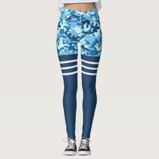 Blaue Camouflage, dreifach weißer Streifen Obersch Leggings
