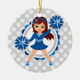 Blaue Cheerleader brünett - niedlicher Beifall Keramik Ornament