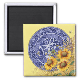 Blaue China Tafel Sonnenblumen & Bienen Magnet
