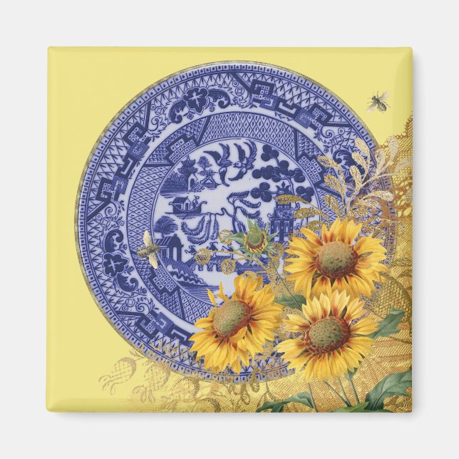 Blaue China Tafel Sonnenblumen & Bienen Magnet (Vorne)