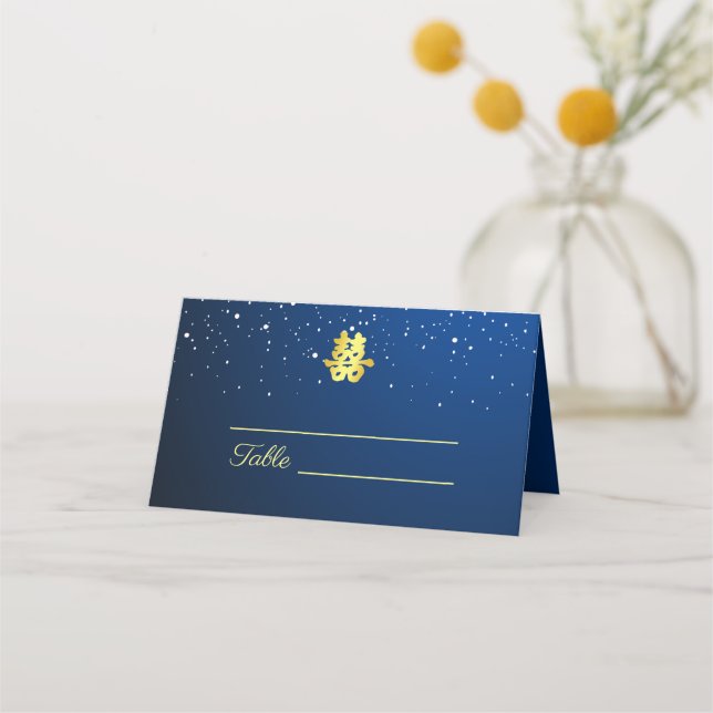 Blaue chinesische Hochzeit Sternennacht doppeltes  Platzkarte (Vorderseite)