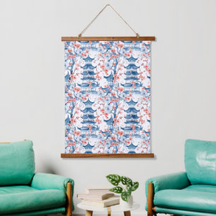 Blaue chinesische Pagoden-Kirschblüten-Muster Wandteppich Mit Holzrahmen