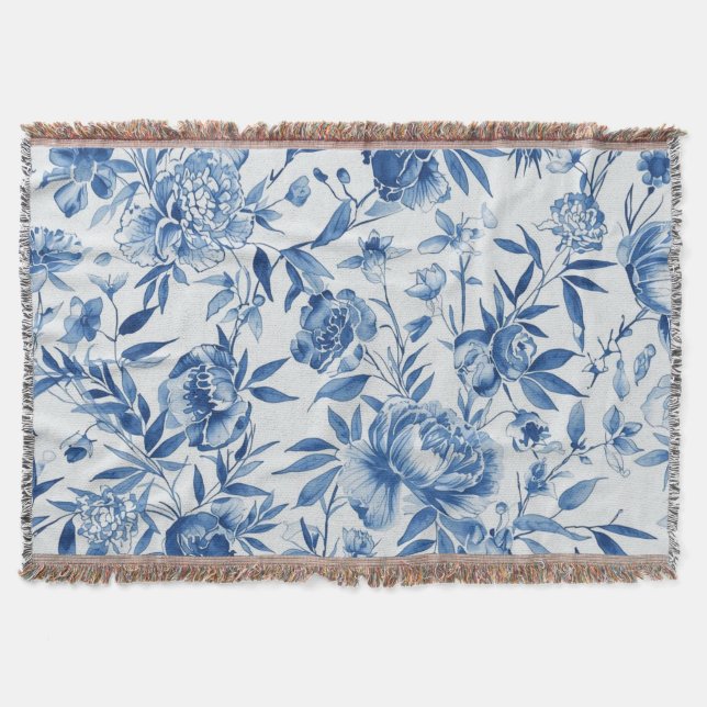 Blaue Chinoiserie-Aquarell-Blumen-Botanik Decke (Vorderseite)