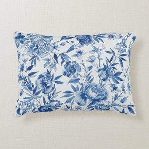 Blaue Chinoiserie-Aquarell-Blumen-Botanik Dekokissen
