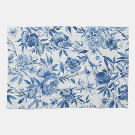 Blaue Chinoiserie-Aquarell-Blumen-Botanik Geschirrtuch
